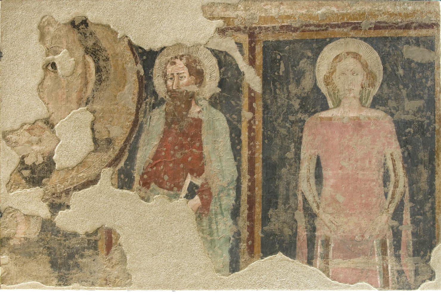 volto di Cristo e Santi (dipinto murale staccato, frammento) di Maestro ironico (prima metà sec. XIV)