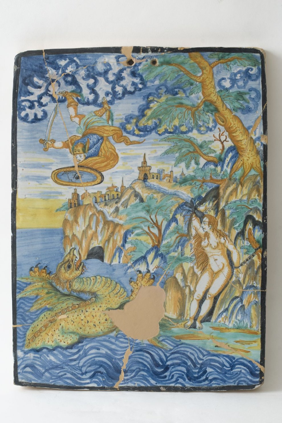 Perseo libera Andromeda (targa, opera isolata) - manifattura di Deruta (sec. XVI)