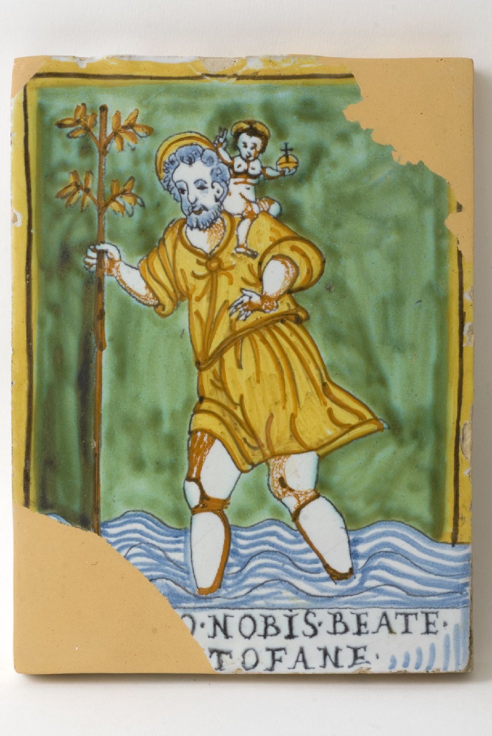 San Cristoforo guada il fiume con Gesù Bambino sulle spalle (targa devozionale, opera isolata) - manifattura umbra (sec. XVII)