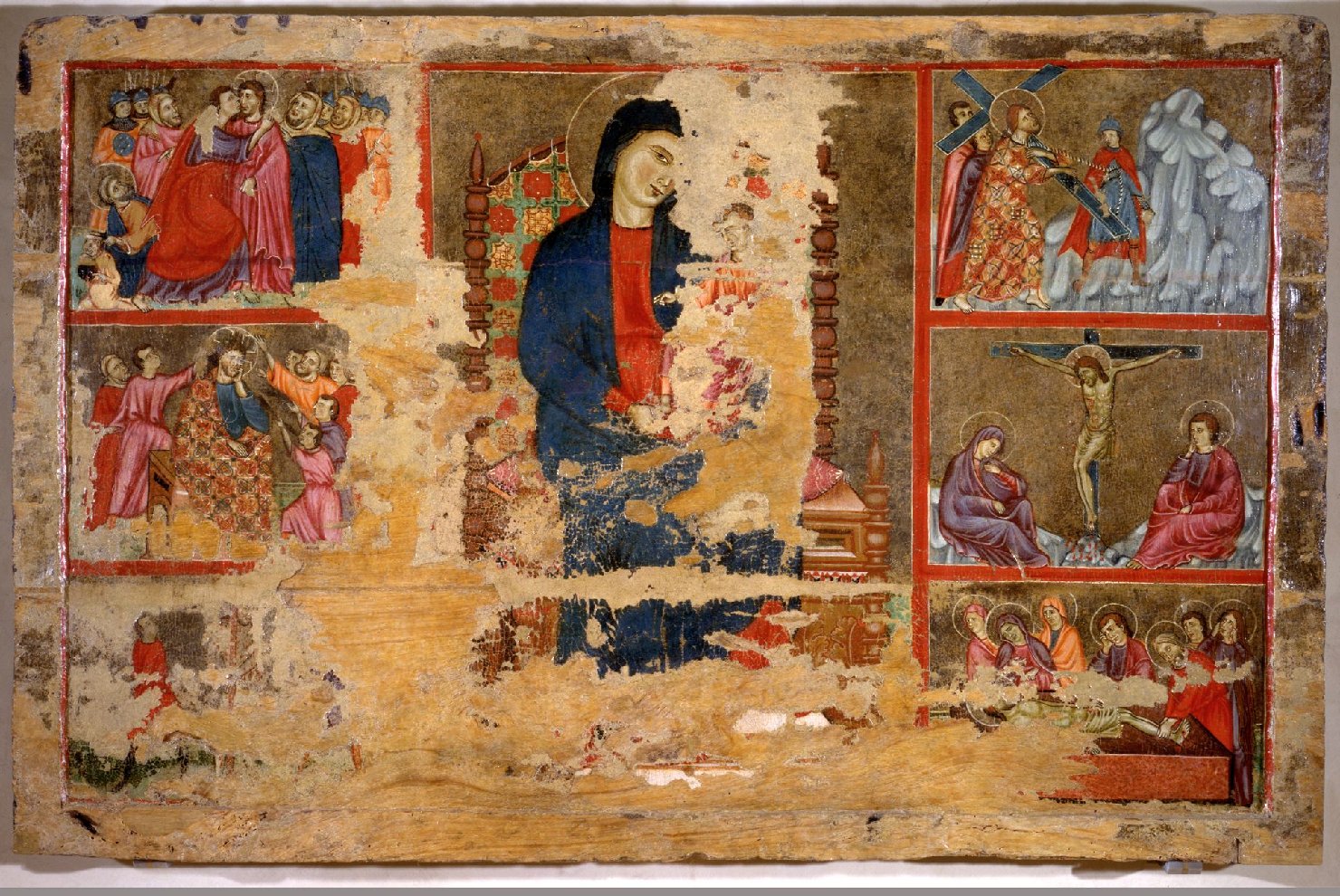 Dossale Spiridion, Madonna in trono con Bambino e storie della passione di Cristo (dossale, opera isolata) - ambito umbro (prima metà sec. XIV)