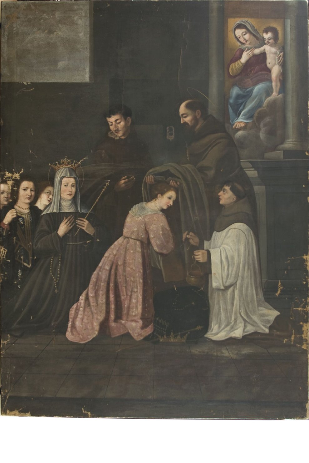 vestizione di Santa Elisabetta d'Ungheria e Santa Elisabetta del Portogallo (dipinto, opera isolata) - ambito umbro (secc. XVI/ XVII)