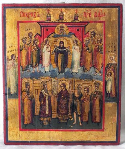 Pokrov di Bogorodizza (Sindone della Madre di Dio), Madonna e Santi (icona, opera isolata) - ambito russo (metà sec. XVIII)