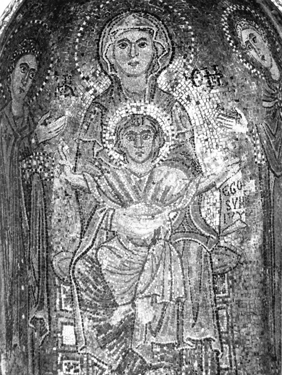 Madonna in trono con il Bambino, santa Prassede e santa Pudenziana (decorazione musiva) - ambito romano (secondo quarto sec. XIII)