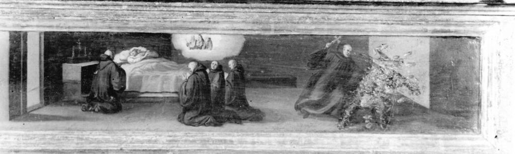 San Giovanni Gualberto salva un monaco indemoniato gettatosi nell'Arno; San Giovanni Gualberto libera con le sue preghiere il monaco Fiorenzo dal demonio; Esequie funebri di San Giovanni Gualberto (dipinto, ciclo) - ambito romano (sec. XVI)