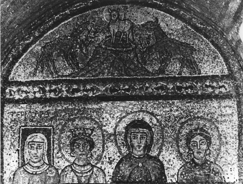 Maria Vergine fra le Sante Prassede e Pudenziana e Teodora episcopa; Agnus Dei sul monte dell'Eden (decorazione musiva, complesso decorativo) - ambito romano (sec. IX)