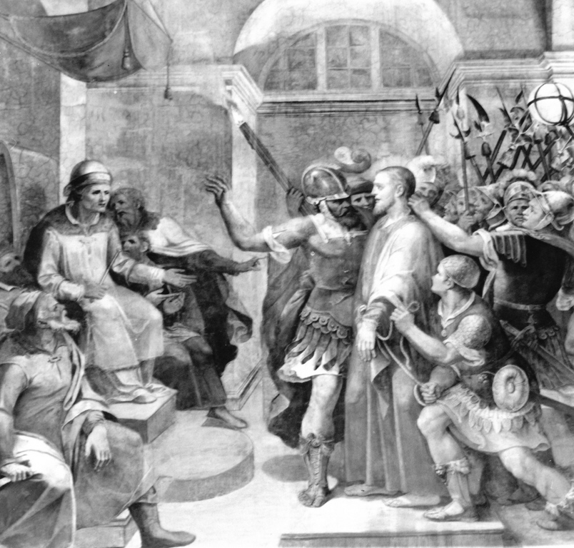 Cristo condotto davanti a Caifa (dipinto, ciclo) di Massei Girolamo (secc. XVI/ XVII)