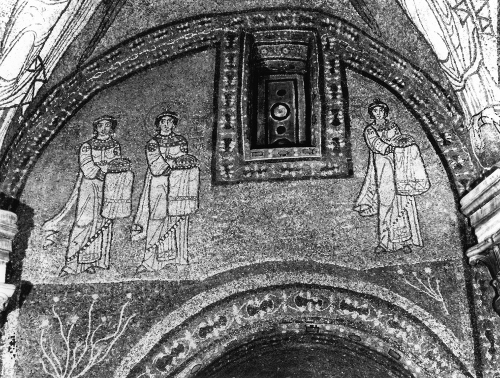 Le sante Agnese, Prassede e Pudenziana recano corone (decorazione musiva, complesso decorativo) - ambito romano (sec. IX)