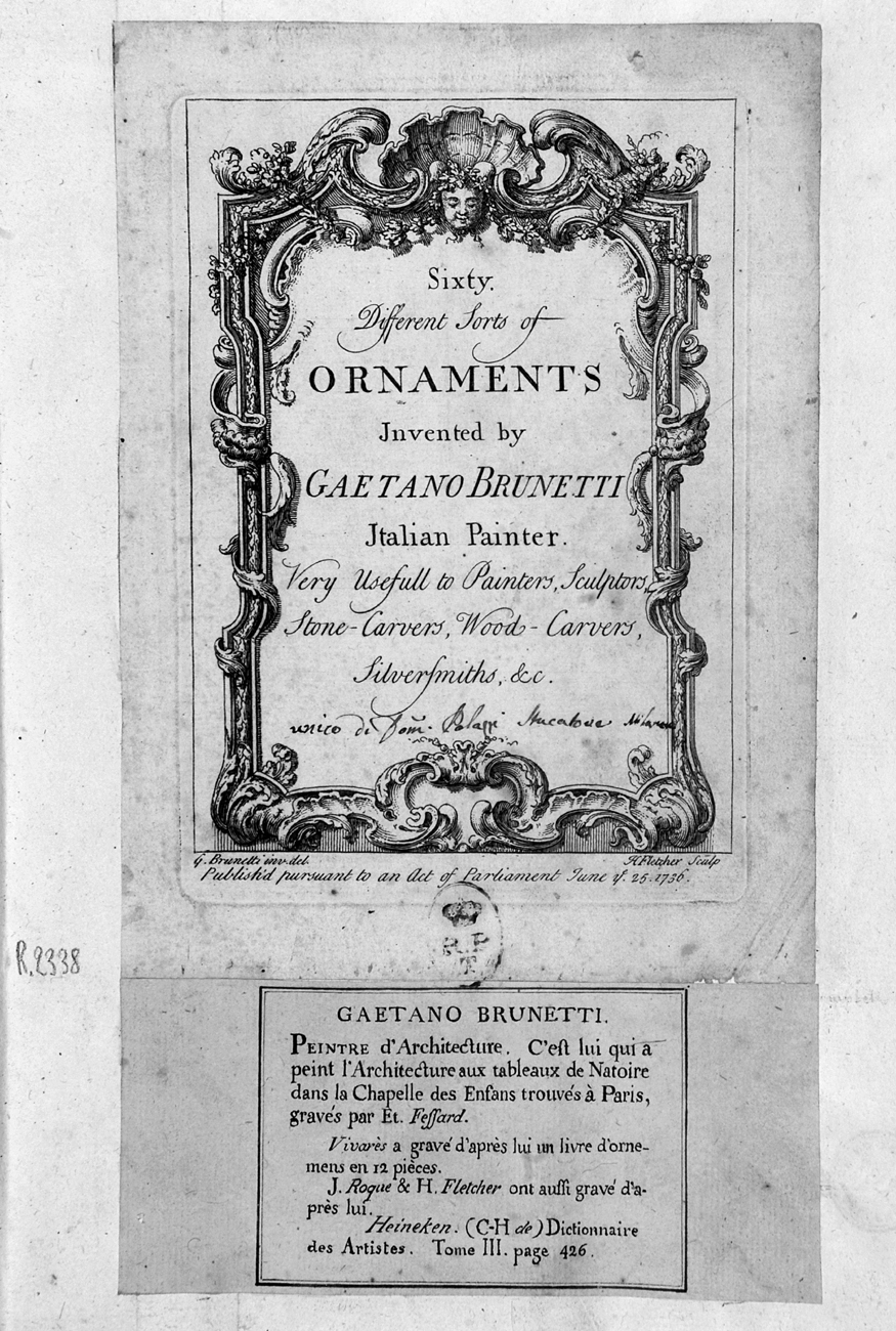 Sixty different sorts of ornaments, frontespizio (stampa, serie) di Brunetti Gaetano, Fletcher Henry (sec. XVIII)