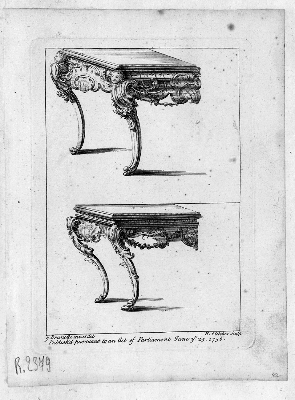 ornamenti rocaille con tavoli (stampa, serie) di Brunetti Gaetano, Fletcher Henry (sec. XVIII)