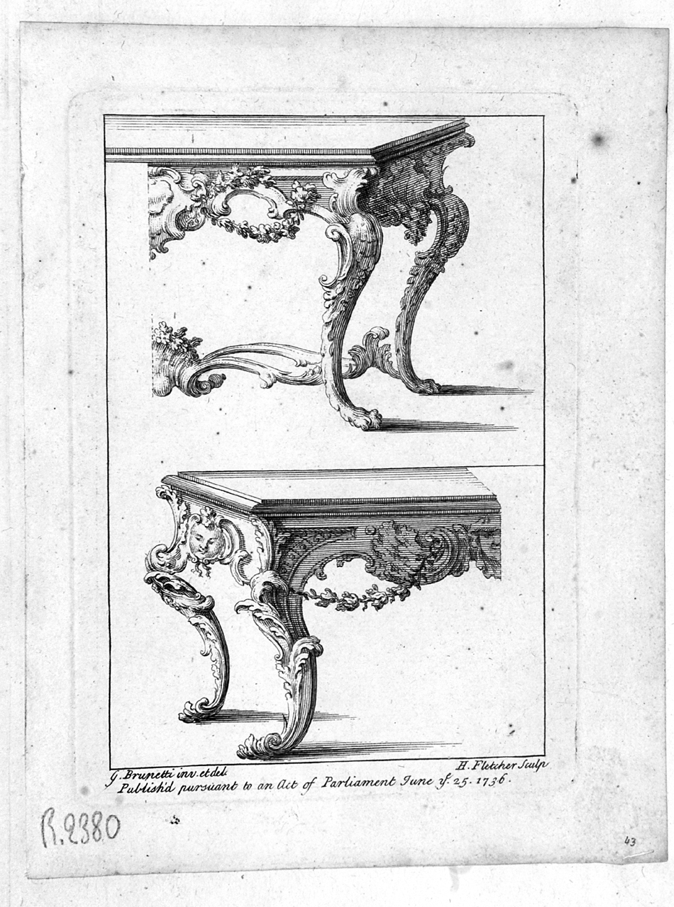 ornamenti rocaille con tavoli (stampa, serie) di Brunetti Gaetano, Fletcher Henry (sec. XVIII)