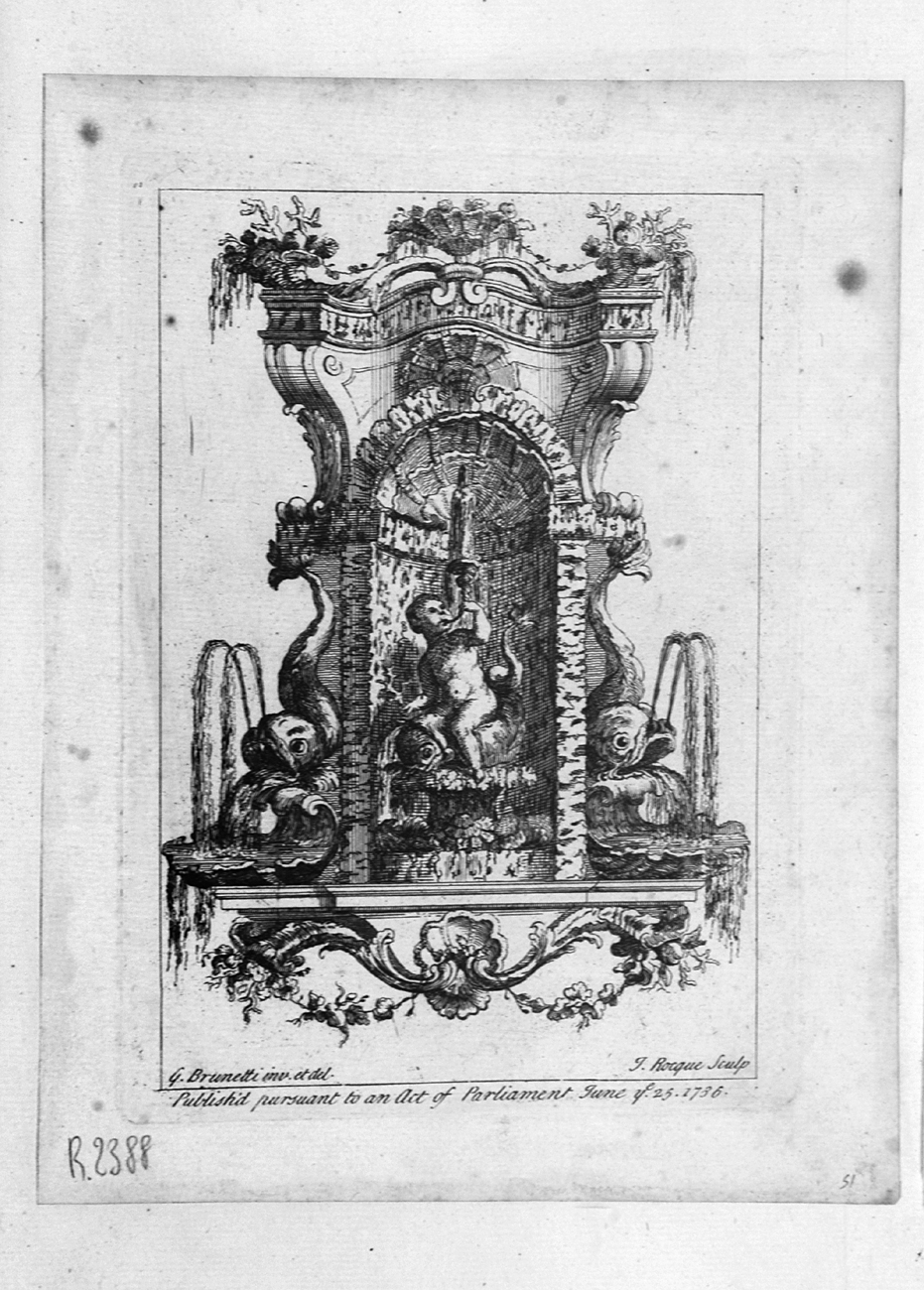 fontana con ornamenti rocaille (stampa, serie) di Brunetti Gaetano, La Rocque Jean (sec. XVIII)