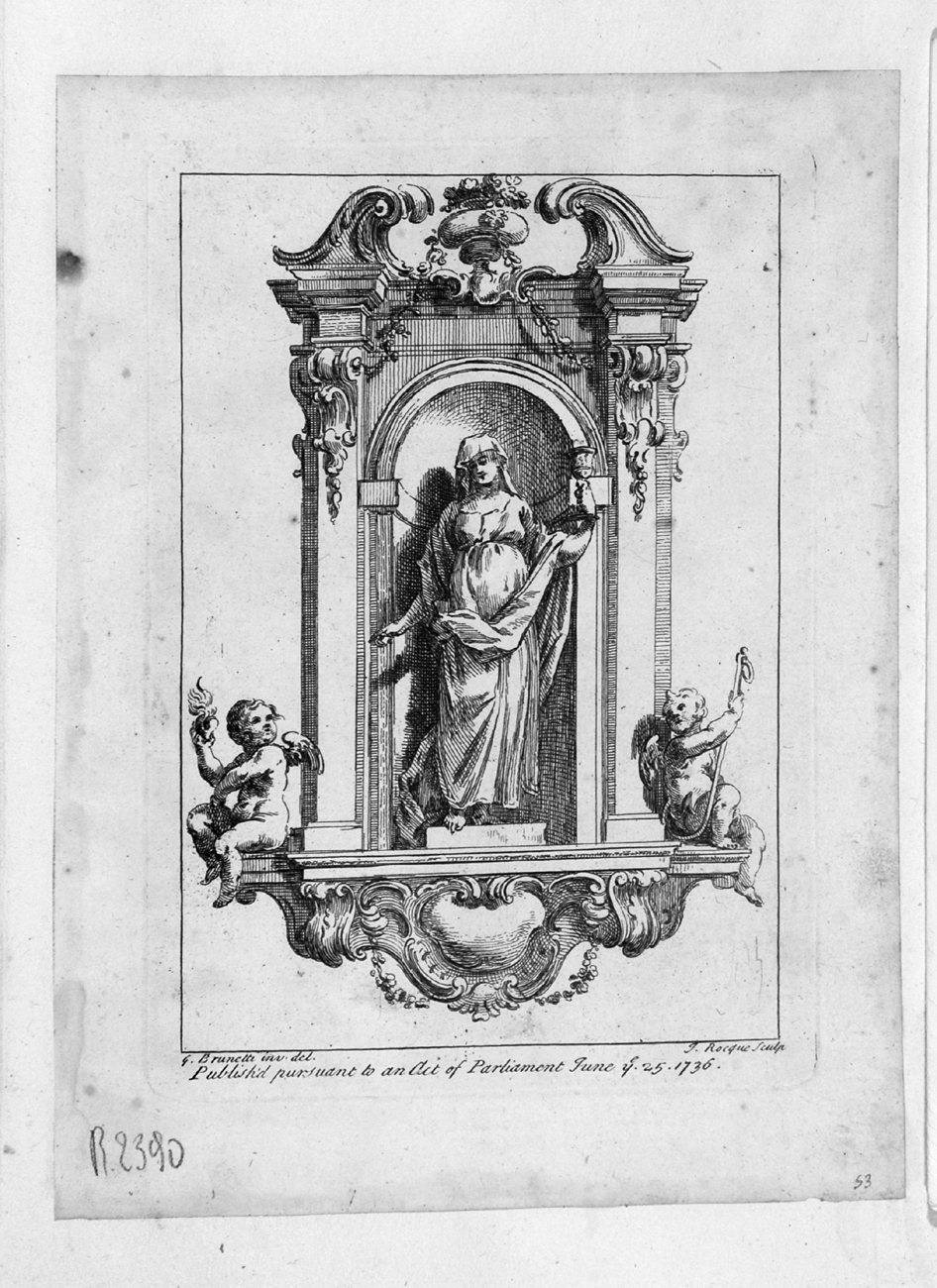 figura allegorica femminile in nicchia (stampa, serie) di Brunetti Gaetano, La Rocque Jean (sec. XVIII)