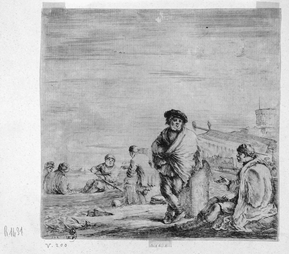 uomini sul molo (stampa smarginata) di Della Bella Stefano (sec. XVII)