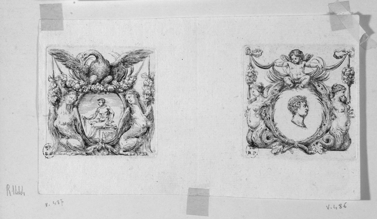nudo maschile e testa di imperatore in cornici barocche (stampa) di Della Bella Stefano (maniera) (sec. XVII)