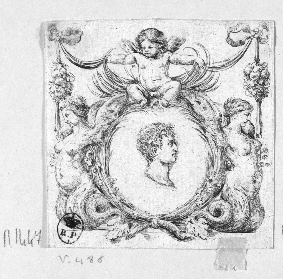 testa di imperatore in cornice barocca (stampa smarginata) di Della Bella Stefano (maniera) (sec. XVII)