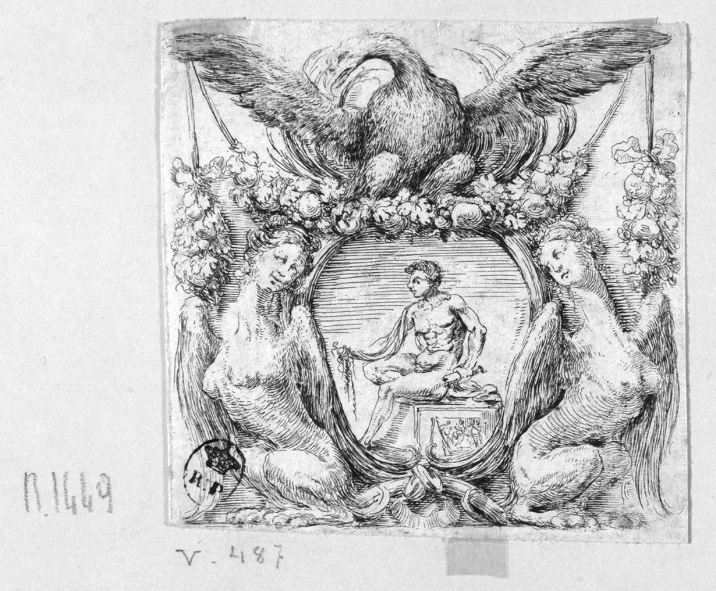 nudo maschile in cornice barocca (stampa smarginata) di Della Bella Stefano (maniera) (sec. XVII)