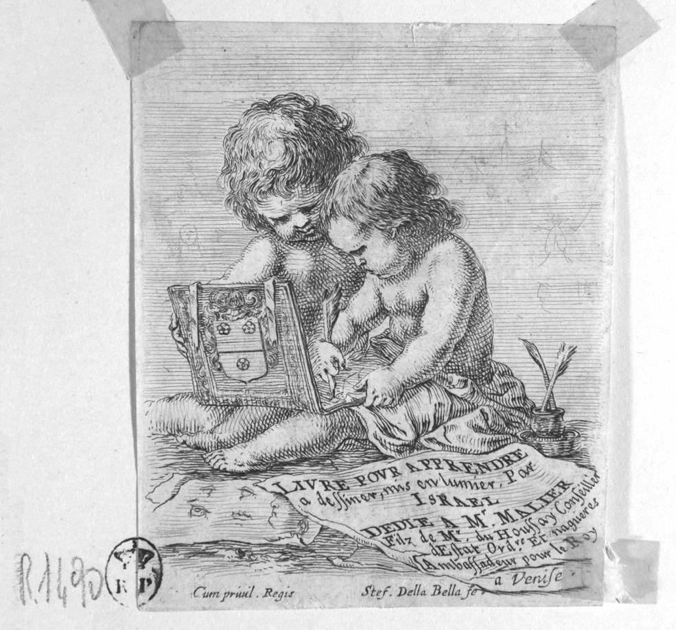 Livre pour apprendre à dessiner, frontespizio con putti (stampa smarginata) di Della Bella Stefano (sec. XVII)