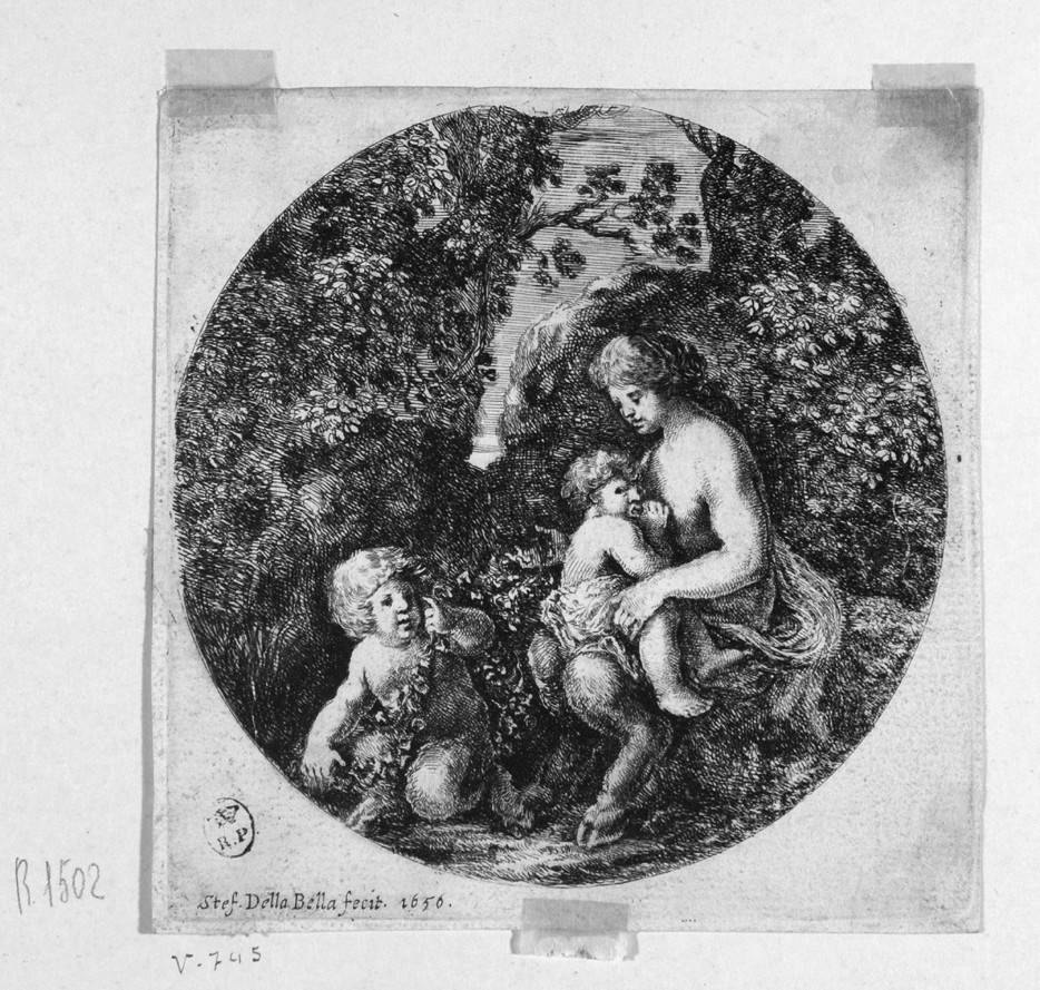 paesaggio con driade, bambino e fauno (stampa, serie) di Della Bella Stefano (sec. XVII)