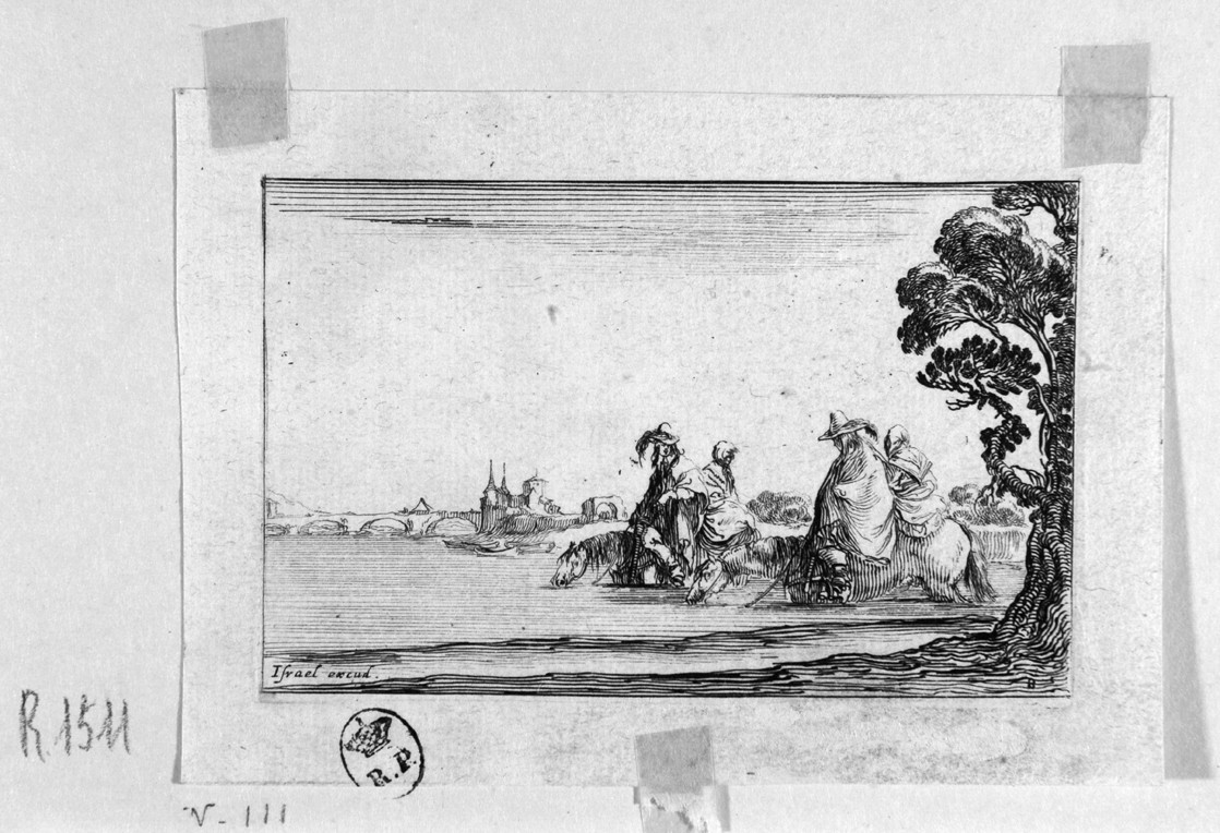 cavalieri al guado (stampa, serie) di Della Bella Stefano (sec. XVII)