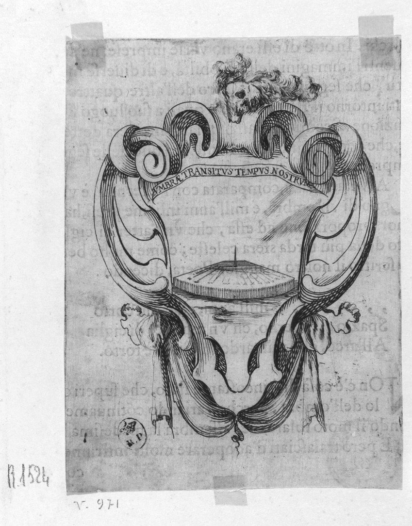 Umbrae transitus tempus nostrum, emblema con meridiana (stampa smarginata, serie) di Della Bella Stefano (sec. XVII)