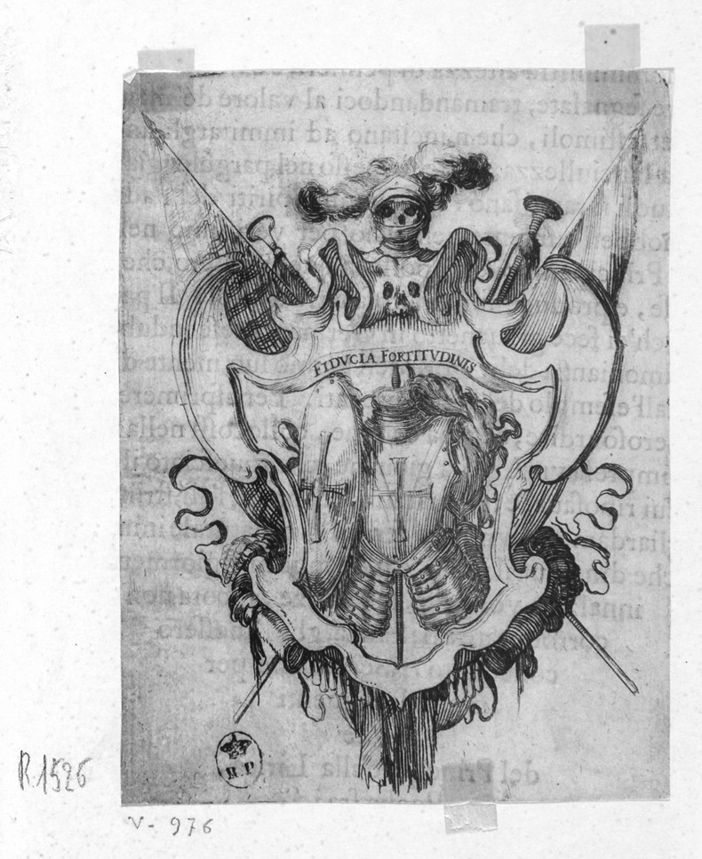 Fiducia fortitudinis, emblema con armatura (stampa smarginata, serie) di Della Bella Stefano (sec. XVII)