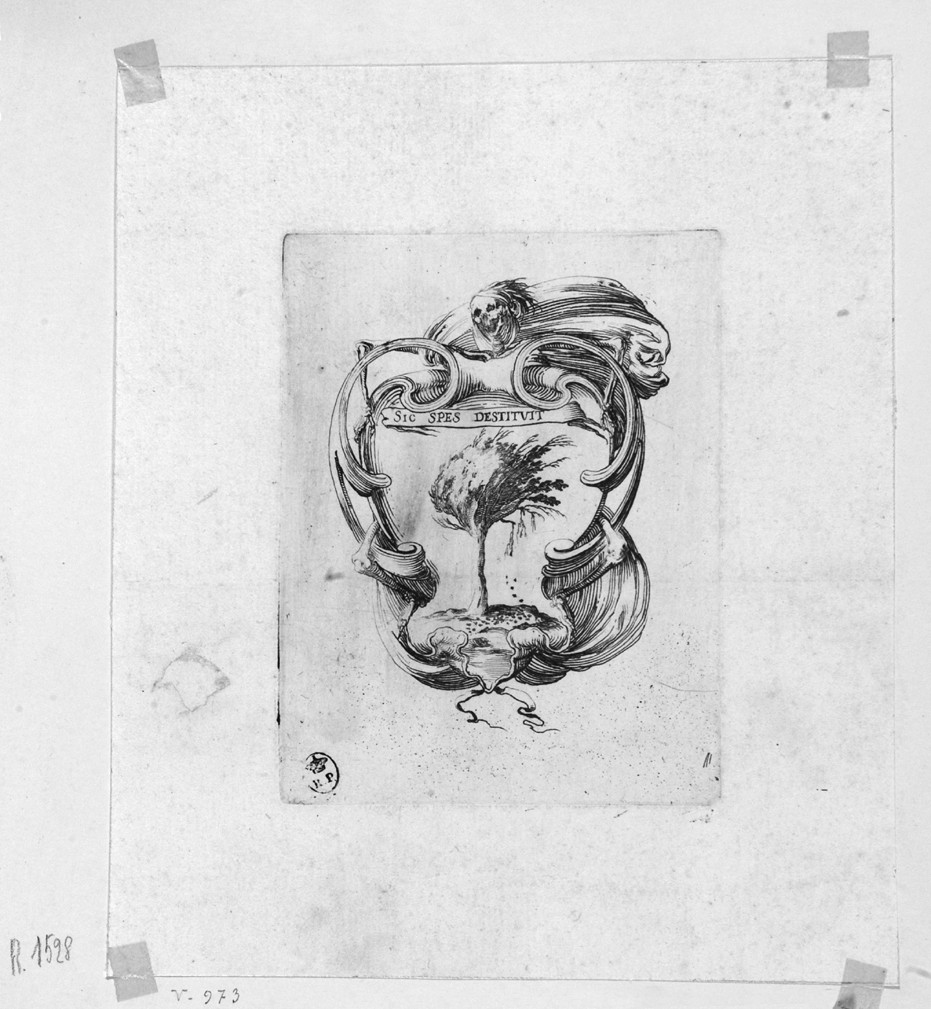 Sic spes destituit, emblema con albero al vento (stampa, serie) di Della Bella Stefano (sec. XVII)