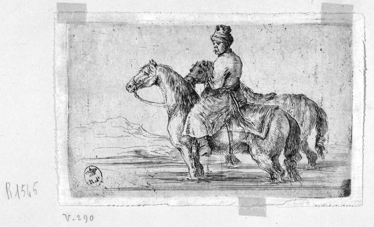 guado di cavaliere e due cavalli (stampa) di Della Bella Stefano (sec. XVII)