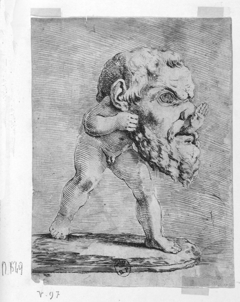 bambino con maschera antica (stampa smarginata) di Della Bella Stefano (sec. XVII)