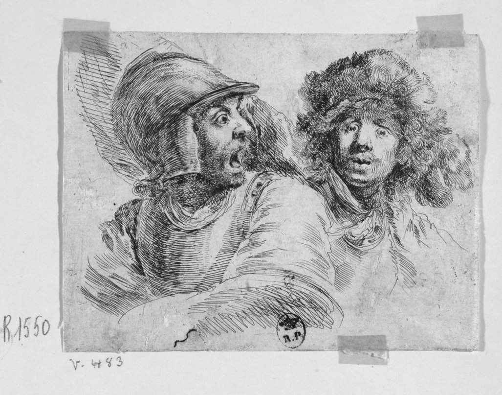 soldato con elmo e uomo con copricapo in pelliccia (stampa smarginata) di Della Bella Stefano (sec. XVII)