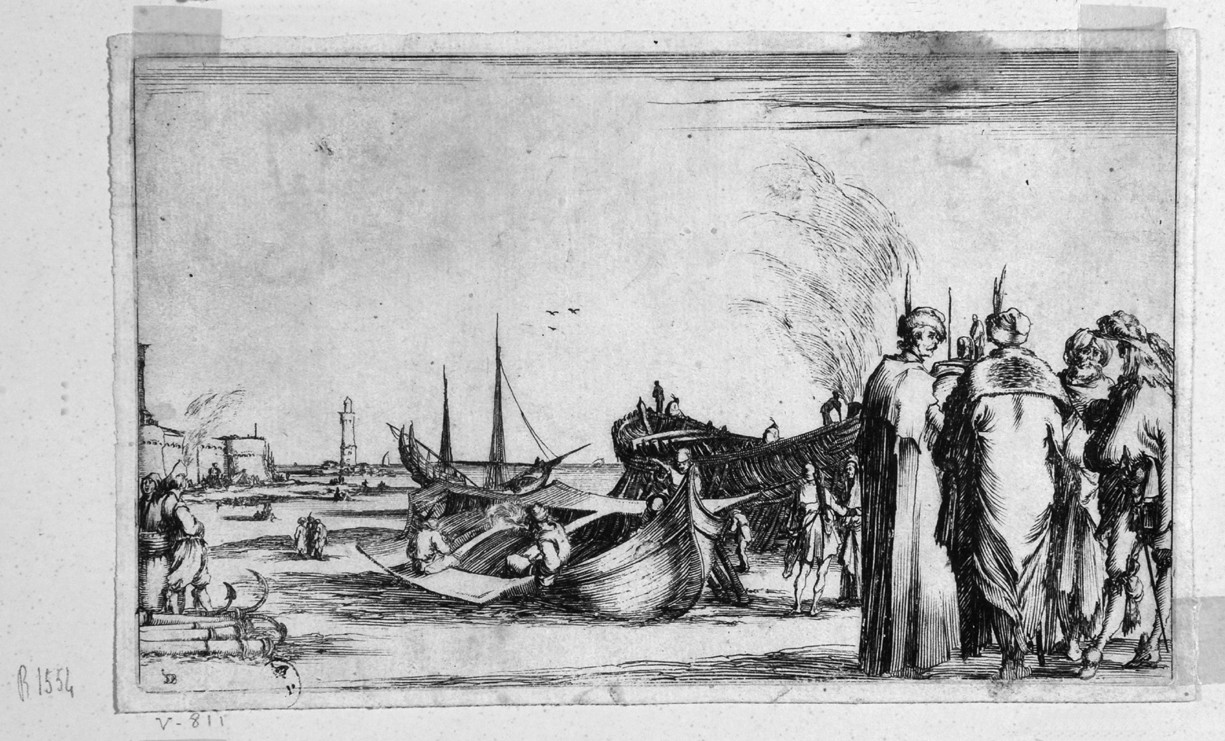 gruppo di uomini sul molo (stampa, serie) di Della Bella Stefano (sec. XVII)