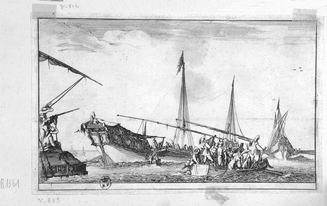 imbarco sul veliero (stampa, serie) di Della Bella Stefano (sec. XVII)