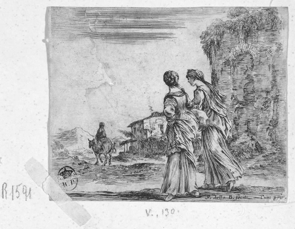 giovani donne in un paesaggio (stampa smarginata, serie) di Della Bella Stefano (sec. XVII)