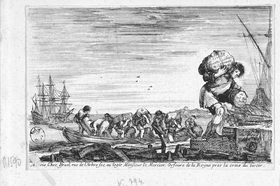 frontespizio con scaricatori di porto (stampa, serie) di Della Bella Stefano (sec. XVII)