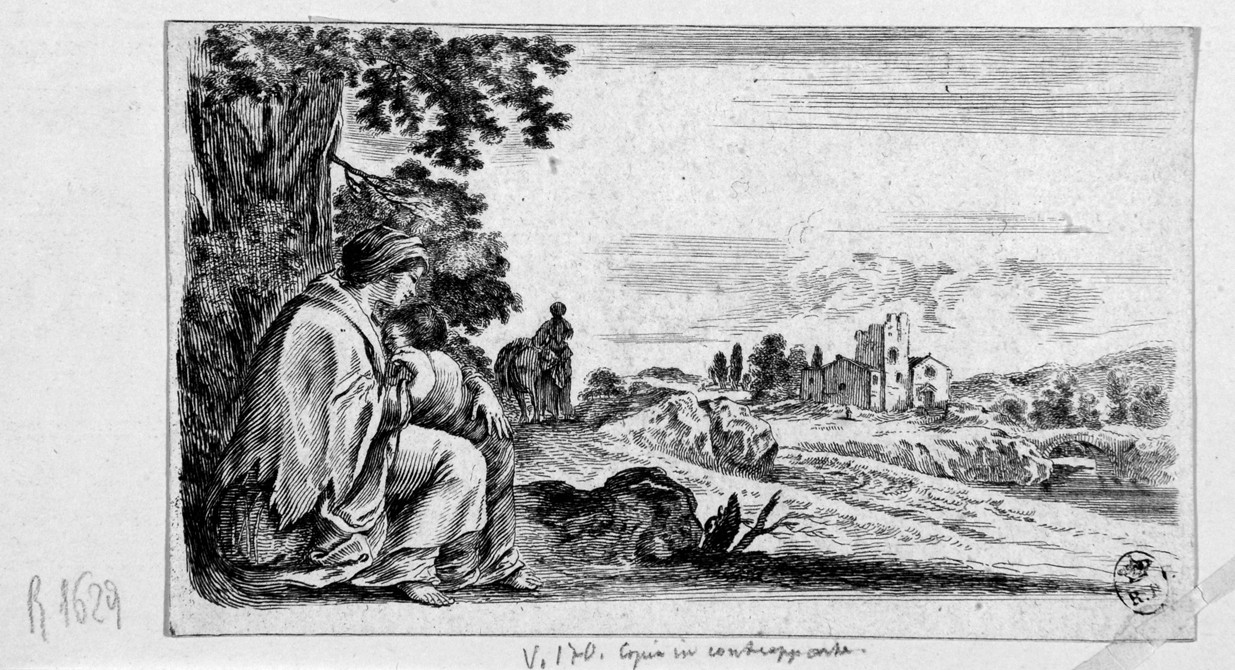paesaggio con donna e bambino (stampa) di Della Bella Stefano - ambito Italia centrale (seconda metà sec. XVII)