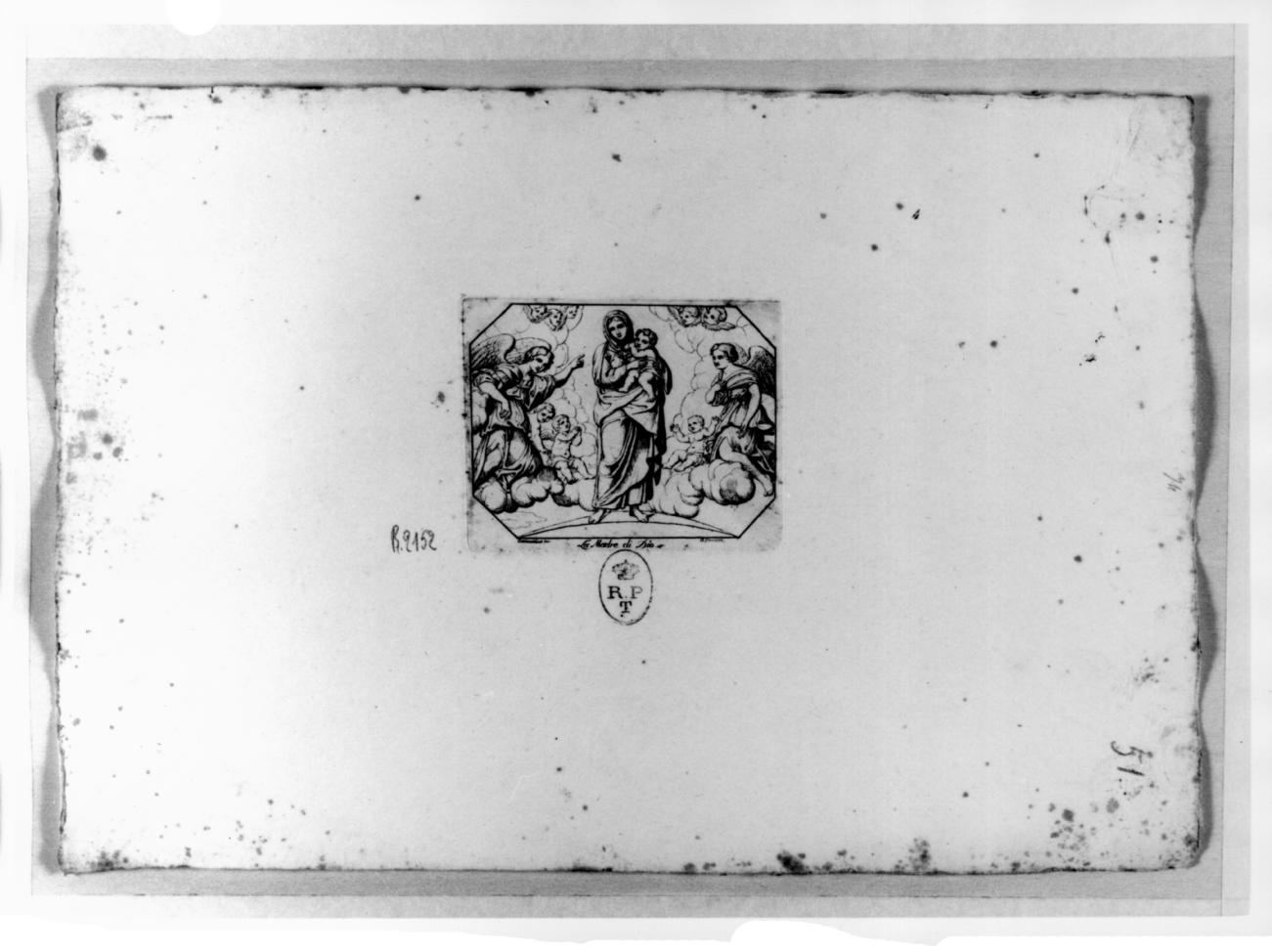 La Madre di Dio, Madonna con Bambino in cielo (stampa, serie) di Ferrero Giovanni Francesco, Zampieri Domenico detto Domenichino (sec. XIX)