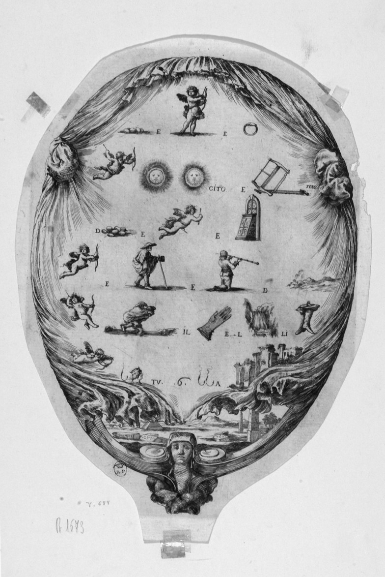 specchio da mano con rebus (stampa smarginata) di Della Bella Stefano (sec. XVII)