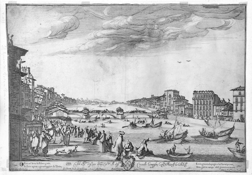 gioco del ponte a Pisa (stampa smarginata) di Della Bella Stefano, Lucini Anton Francesco (sec. XVII)