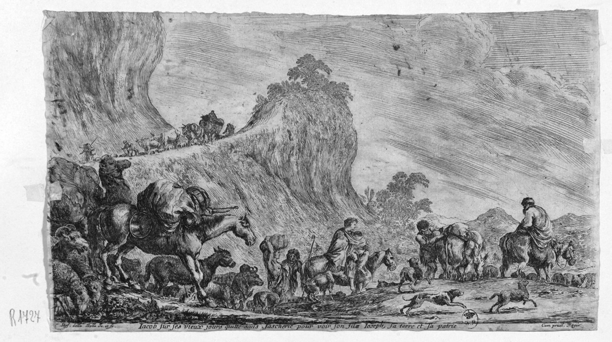 Giacobbe e la sua famiglia si recano in Egitto (stampa smarginata) di Della Bella Stefano (sec. XVII)