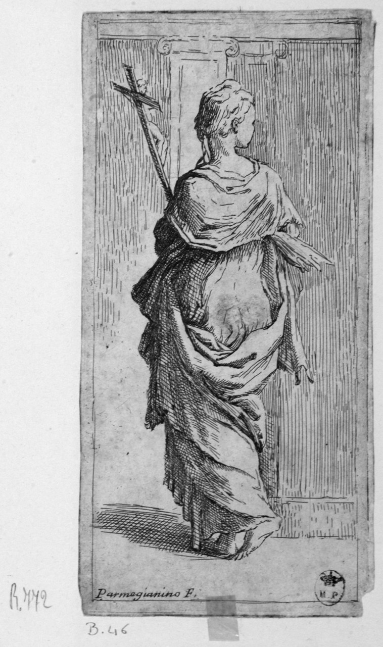giovane donna che porta un crocefisso (stampa smarginata) di Reni Guido, Mazzola Francesco detto Parmigianino (sec. XVII)
