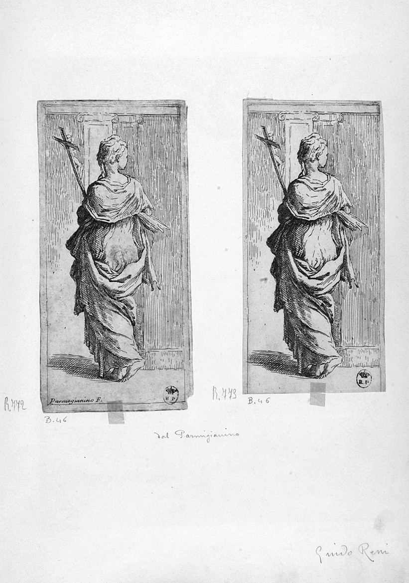 giovane donna che porta un crocefisso (stampa smarginata/ tagliata) di Reni Guido, Mazzola Francesco detto Parmigianino (sec. XVII)