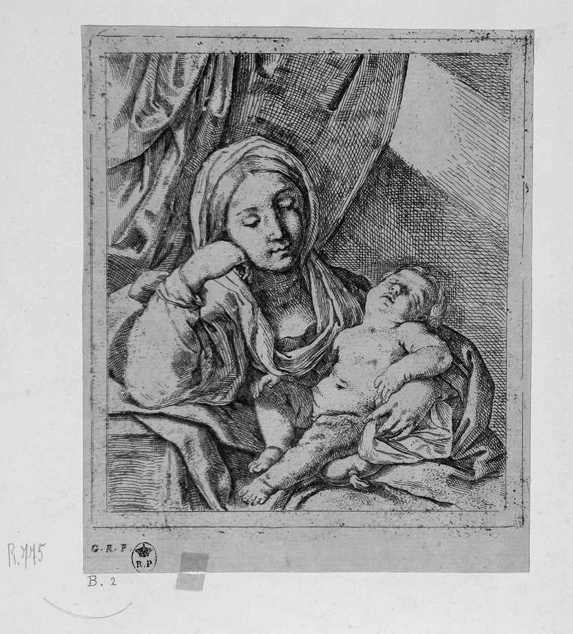 Madonna con Bambino dormiente (stampa smarginata) di Reni Guido, Loli Lorenzo (attribuito) (sec. XVII)