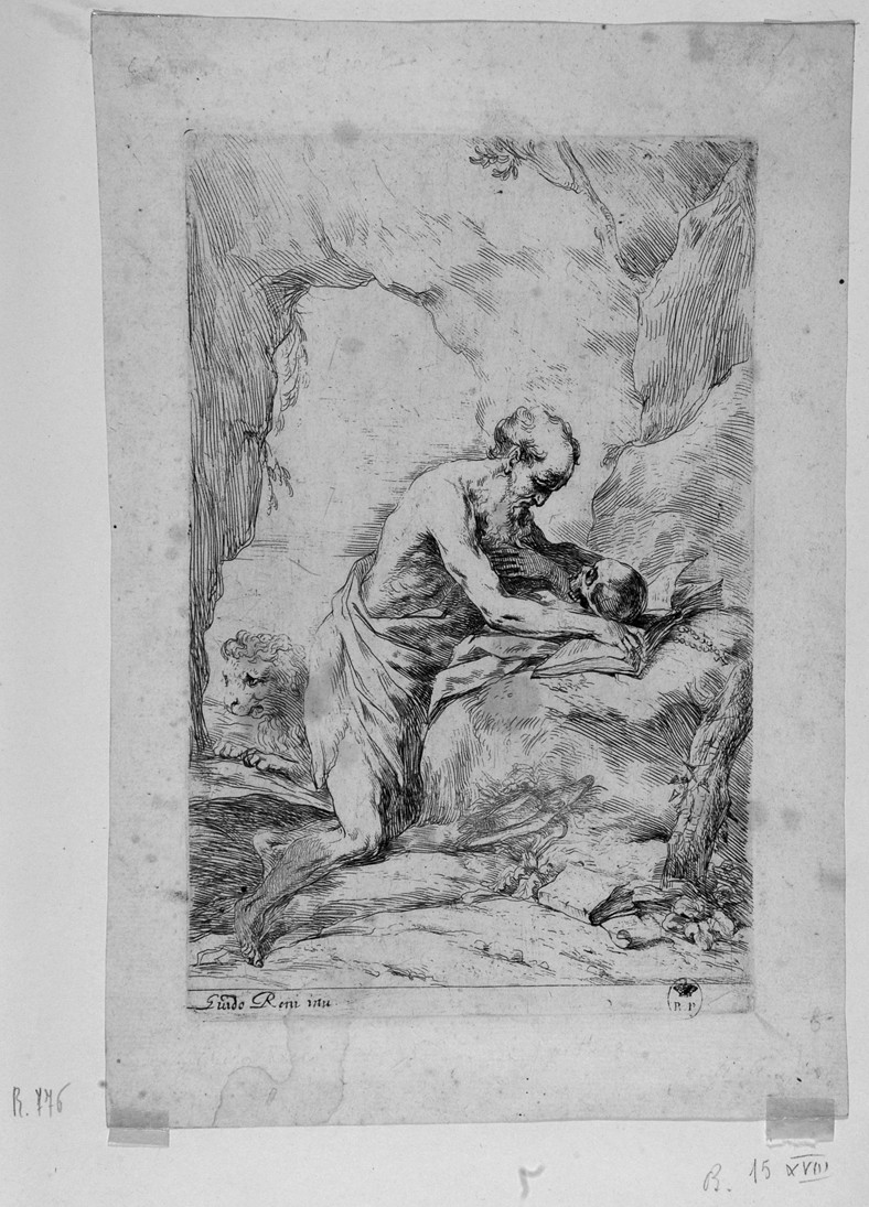 San Girolamo in preghiera nella grotta (stampa) di Reni Guido, Biscaino Bartolomeo (scuola) (sec. XVII)