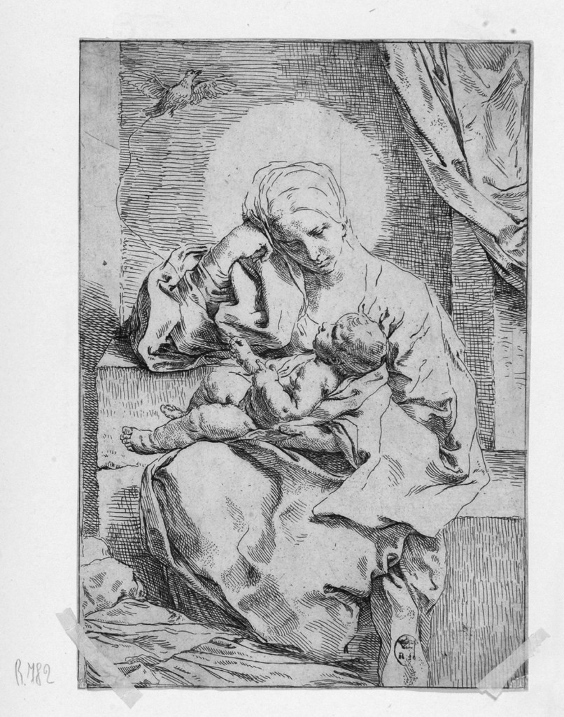 Madonna con Bambino (stampa smarginata) di Cantarini Simone detto Pesarese (sec. XVII)