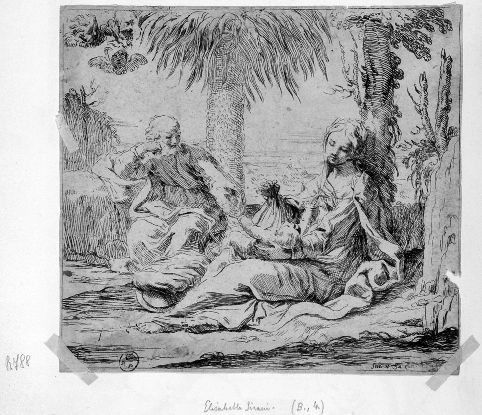 riposo nella fuga in Egitto (stampa smarginata) di Sirani Elisabetta (sec. XVII)
