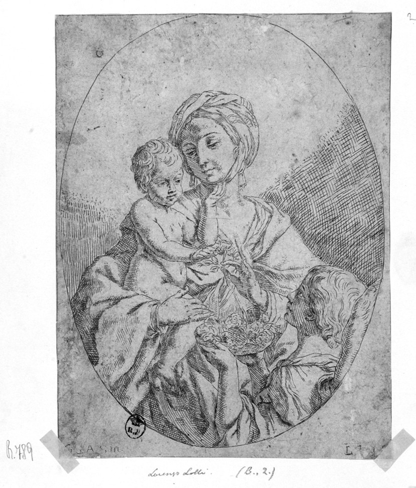 Madonna con Bambino e angelo (stampa smarginata) di Sirani Giovanni Andrea, Loli Lorenzo (sec. XVII)