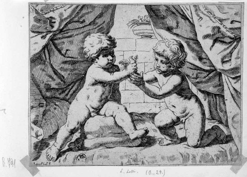 due putti giocano con un uccellino (stampa smarginata) di Loli Lorenzo (sec. XVII)
