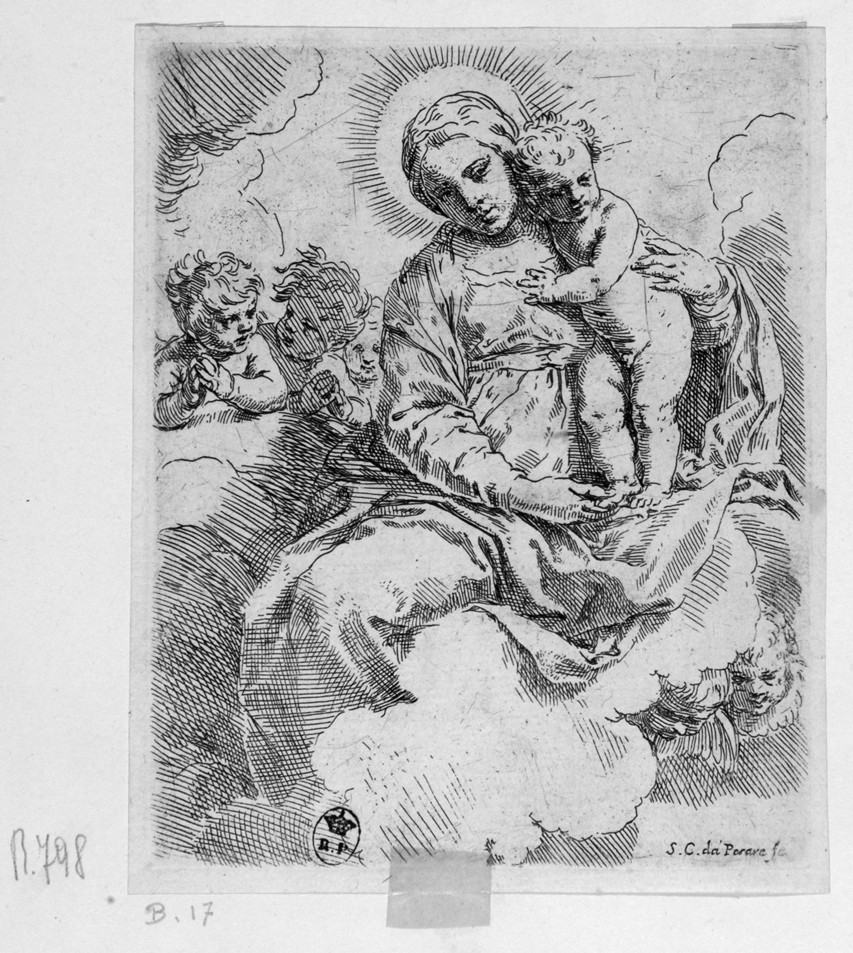 Madonna con Bambino e angeli (stampa smarginata) di Cantarini Simone detto Pesarese (sec. XVII)