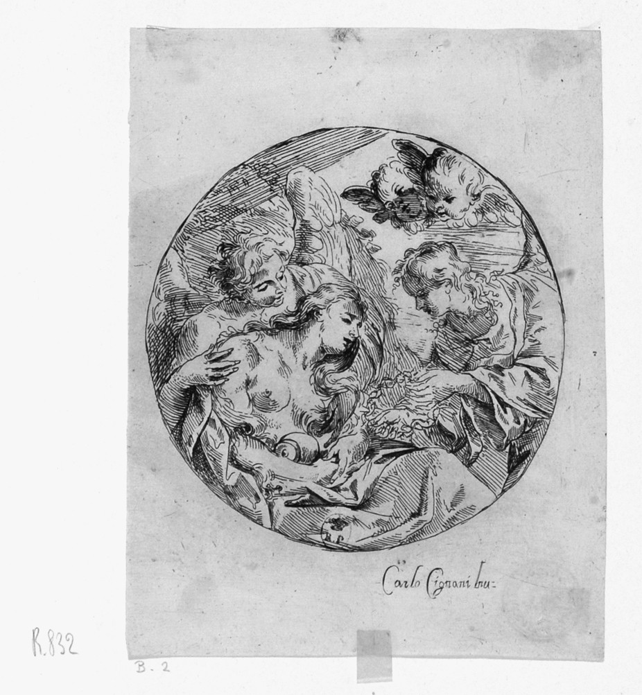 morte di Santa Maria Maddalena (stampa smarginata) di Cignani Carlo, Caccioli Giuseppe Antonio (sec. XVIII)