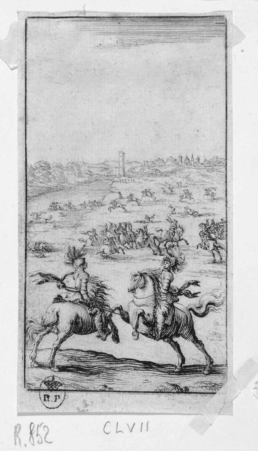 Combattimento tra Lambertaccio e re Enzo, battaglia tra cavalieri (stampa smarginata, serie) di Bazzicaluva Ercole (sec. XVII)