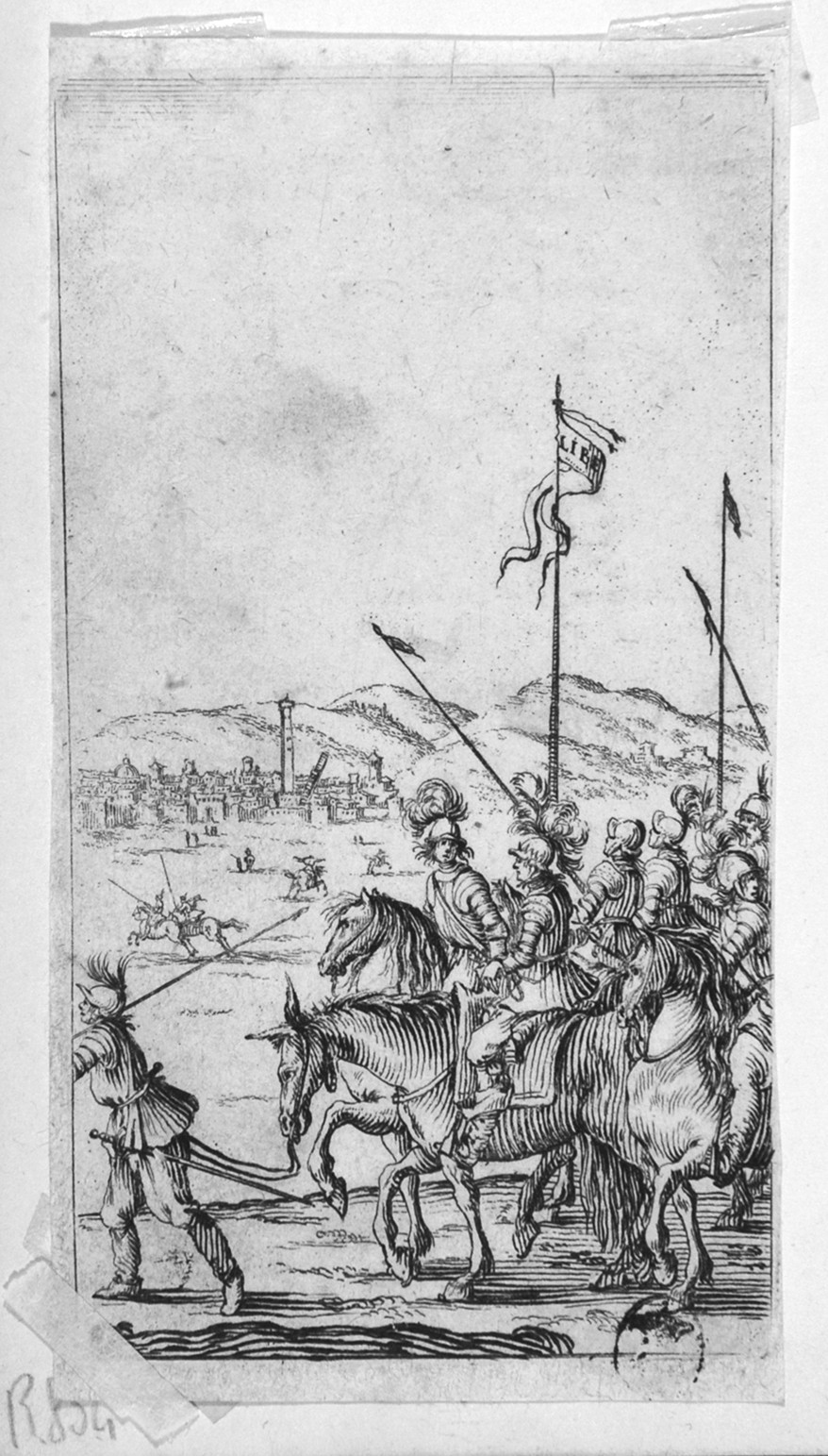 Re Enzo condotto prigioniero a Bologna, cavalieri (stampa smarginata, serie) di Bazzicaluva Ercole (sec. XVII)
